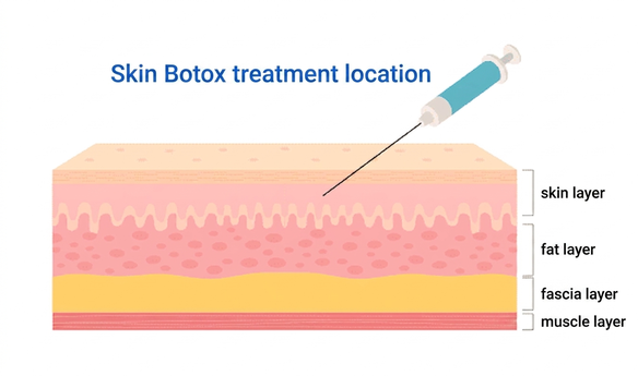 Skin Botox injection-depth diagram — epidermis, fat, fascia, muscle layers
