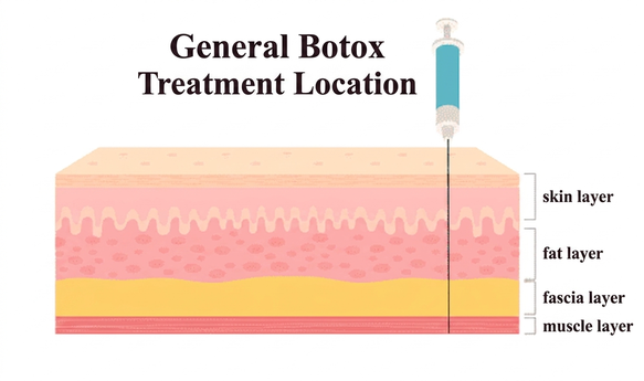 Conventional Botox injection-depth diagram — epidermis, fat, fascia, muscle layers