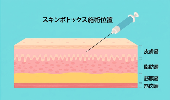 スキンボトックスの施術深度図 — 皮膚層・脂肪層・筋膜層・筋肉層
