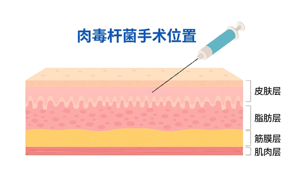 皮肤肉毒注射深度示意 — 表皮层·脂肪层·筋膜层·肌肉层
